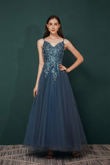 Dusty Blue Tulle A-line Low back Spaghetti strap Prom Dresses