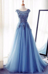 Appliques Lace Up Capped Sleeves A-Line/Princess Tulle 2024 Blue Prom Dresses