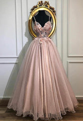 Pink Lace Long Prom Dresses, A-Line Evening Dresses