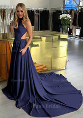 Elastic Satin Prom Dress A Line Princess High Neck Chapel Train With Pleated
