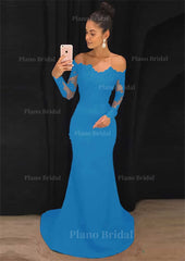 Elastic Satin Prom Dress Sheath Column Off The Shoulder Court Train With Lace