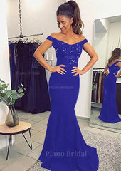 Elastic Satin Prom Dress Trumpet Mermaid Off The Shoulder Sweep Train With Lace