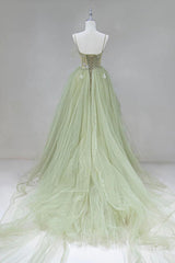 Elegant A Line Open Back Green Tulle Long Prom Dresses, Green Formal Graduation Evening Dresses