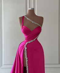 Elegant Long A-line One Shoulder Sweetheart Sleeveless Satin Prom Dress With Slit