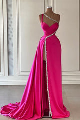 Elegant Long A-line One Shoulder Sweetheart Sleeveless Satin Prom Dress With Slit