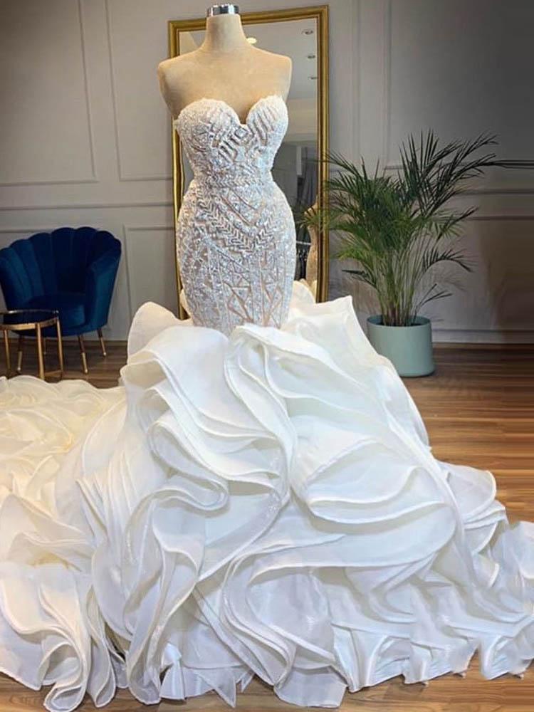 Elegant Long Mermaid Sweetheart Lace Up Crystal Wedding Dresses