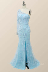 Elegant One Sleeve Light Blue Lace Mermaid Long Formal Dress
