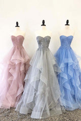Elegant sweetheart tulle lace long prom dress tulle formal dress