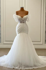 Elegant White Long Mermaid Off the Shoulder Tulle Lace Wedding Dresses