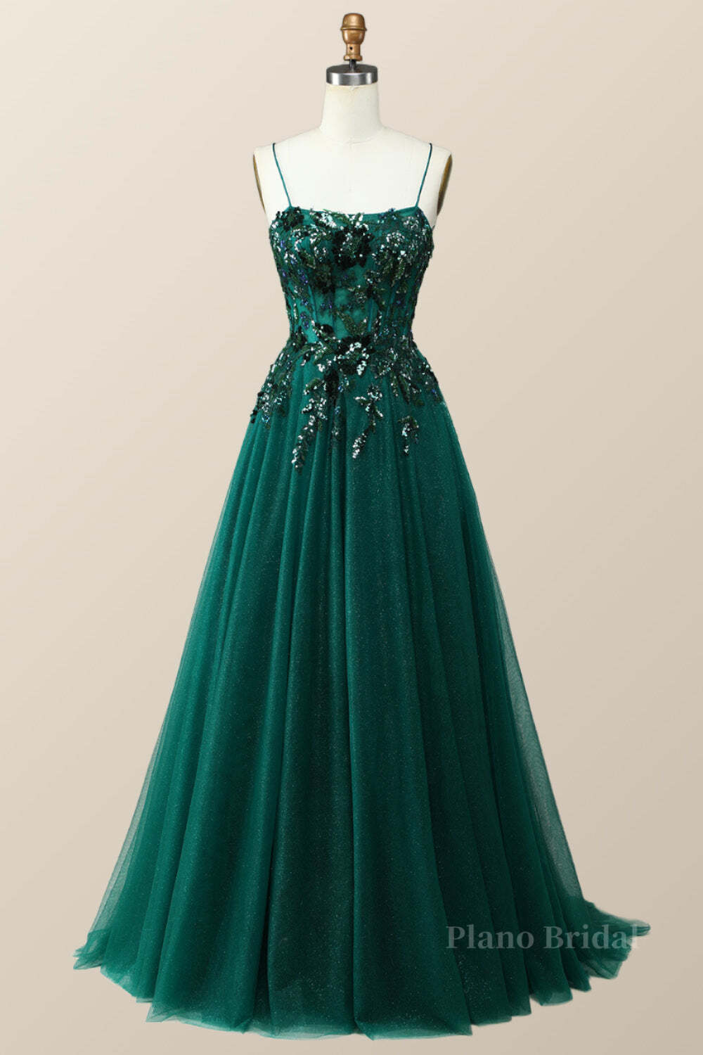 Emerald Green Beaded Tulle Long Formal Dress