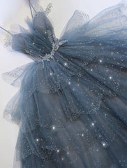 Vestido de baile de contas de tule brilhante azul azul, vestido formal em camadas com strass