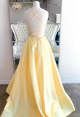 Yellow Satin Long Prom Dresses, A-Line Backless Evening Dresses