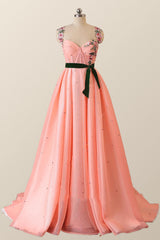 Coral Floral Embroidered Corset Long Formal Dress