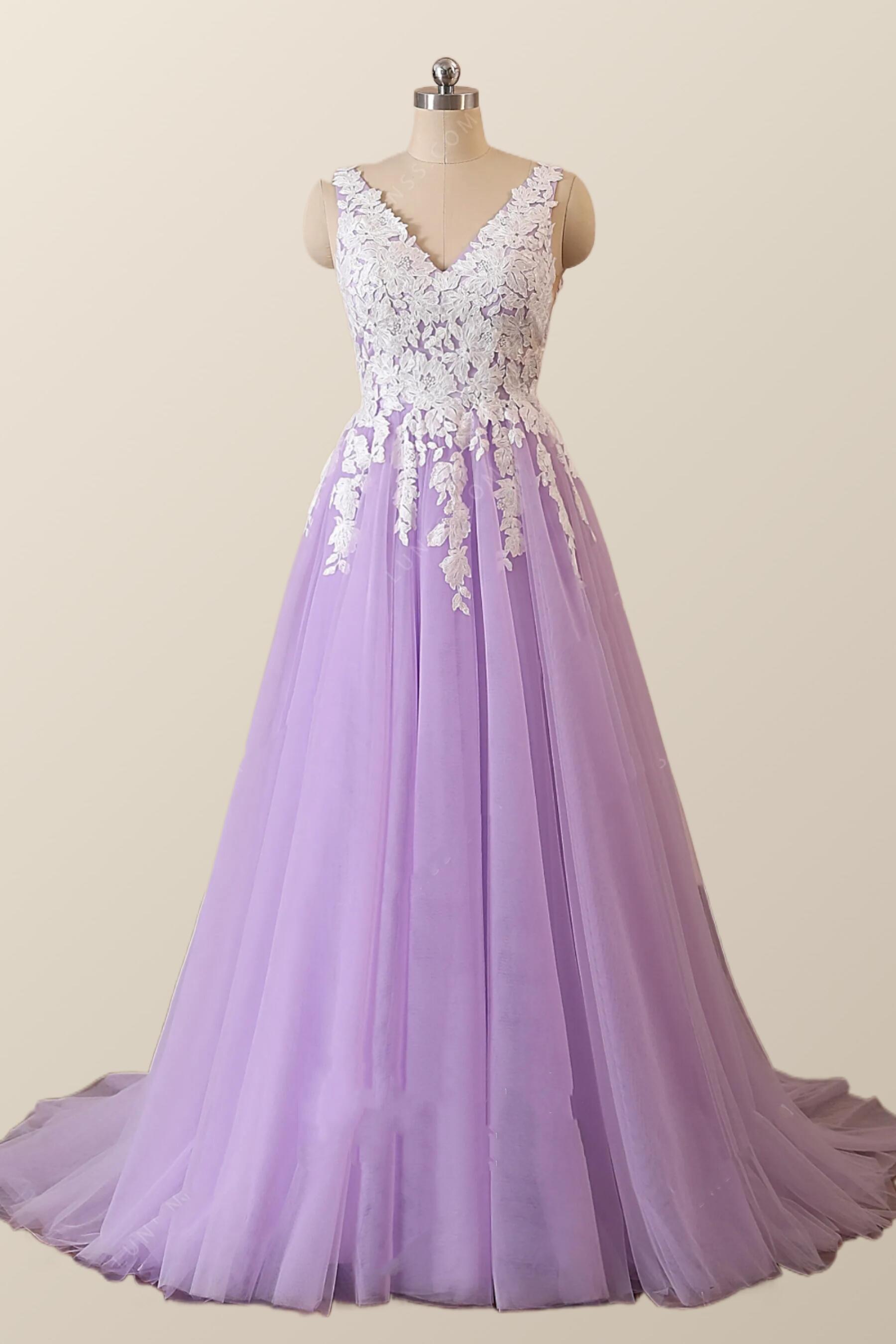 Lavender and White Lace A-line Prom Dress