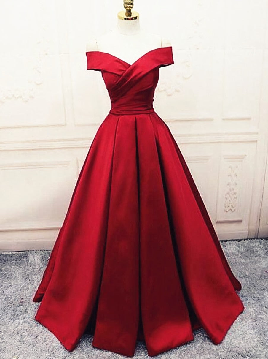 Fashionable Dark Red Satin Simple Off Shoulder Prom Dress, Red Party Dress Evening Dress
