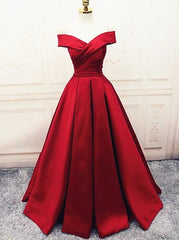 Fashionable Dark Red Satin Simple Off Shoulder Prom Dress, Red Party Dress Evening Dress