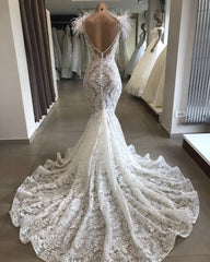 Fit and Flare Lace Crystals Necklace Wedding Dresses Open Back Bridal Gowns with Feather