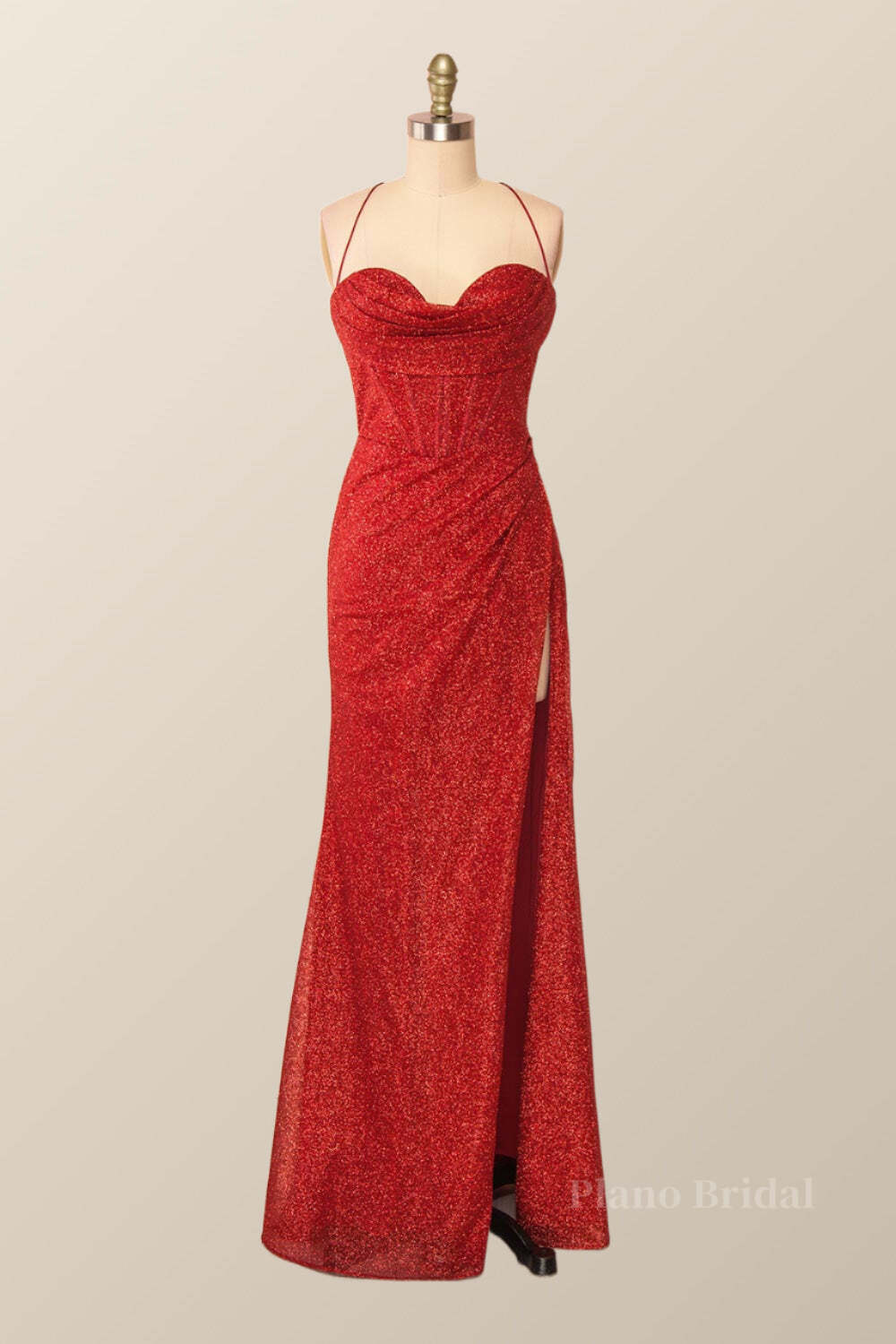 Fitted Red Cowl Neck Long Party Dress with Slit