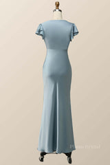 Flare Sleeves Blue Mermaid Long Bridesmaid Dress