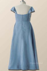 Flare Sleeves Misty Blue Pleated Long Bridesmaid Dress