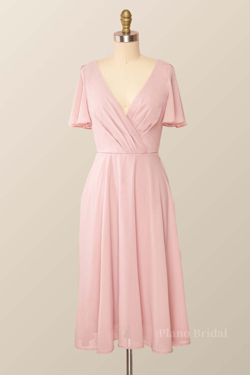 Flare Sleeves Pink Chiffon Short Party Dress
