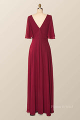 Flare Sleeves Wine Red Chiffon Long Bridesmaid Dress