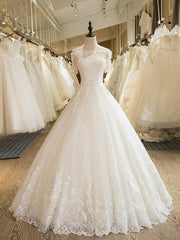 Floor Length Applique Ball Gown Off the Shoulder Lace Tulle 1/2 Sleeves Wedding Dresses