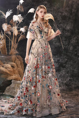 Floral Embroidery Long Tulle Short Sleeve Train Prom Dresses