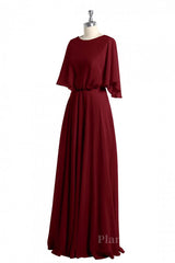 Flutter Sleeves Wine Red Chiffon Blouson Long Dress
