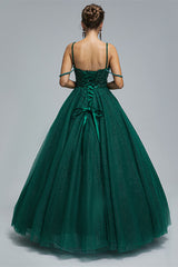 Dark Green Lace Up Beading Long Prom Dresses
