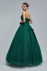 Dark Green Lace Up Beading Long Prom Dresses