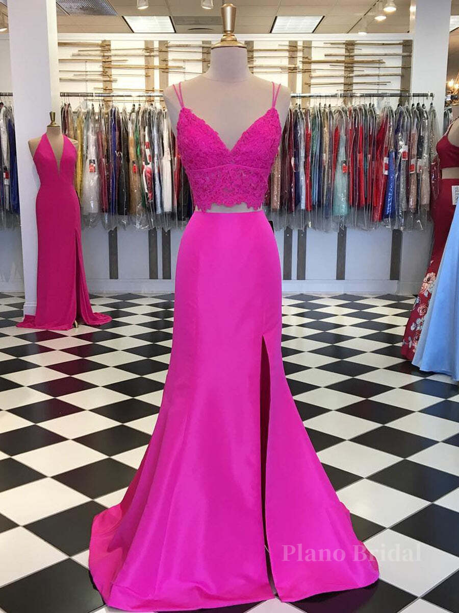Fuchsia V Neck Two Pieces Mermaid Lace Top Satin Long Prom Dress with Slit, Mermaid Lace Fuchsia Formal Graduation Evening Dresses