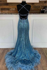 Long Sequined Blue Straps Prom Dress with Feather Hem