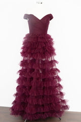 Off the Shoulder Burgundy Pleated Sheer Tiered Prom Dress
