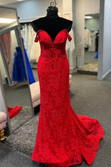 Off the Shoulder Red Sheer Lace Corset Mermaid Prom Dress