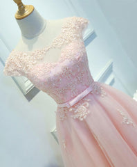 Pink Lace Tulle Short Prom Dress, Pink Evening Dress