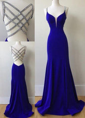 Sexy Mermaid Spaghetti Straps Royal Blue Long Prom Dress With Beading