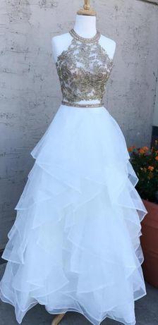 White Two Pieces Beaded Halter Long Prom Dress