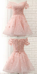 Custom Made Pink Off Shoulder Lace Organza And Floral Applique Short Evening Dress, Formal Dress, Weddings Homecoming Dress