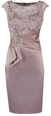 Sheath Grey Bateau Cap Sleeves Mother Of The Bride Dress With Lace Appliques