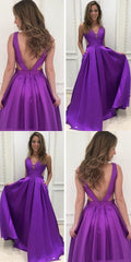 A Line Deep V Neck Backless Purple Satin Prom Dress With Pockets