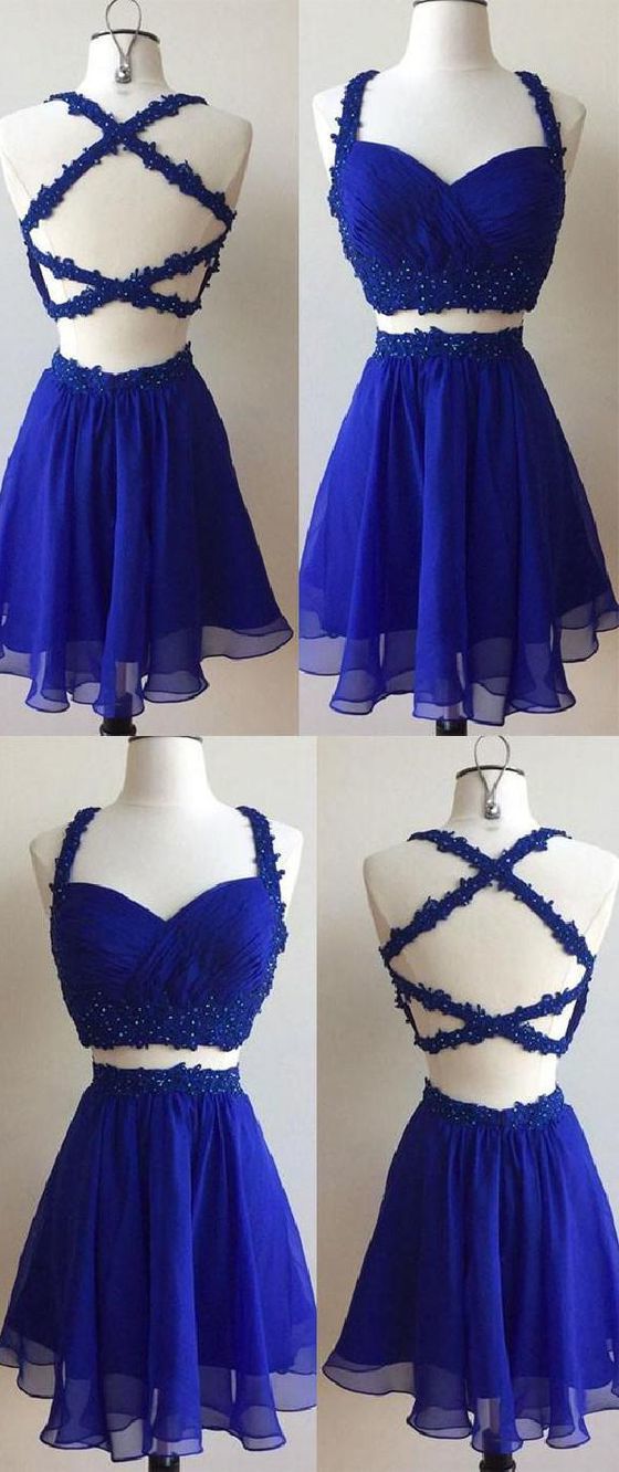 Cute Homecoming Dress, Blue Two Pieces Lace Short Prom Dress, Cute Homecoming Dress