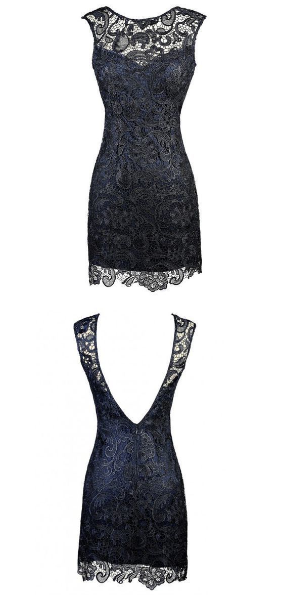 Sheath Bateau Backless Short Navy Blue Lace Mother Of The Bride Dress