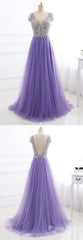 Purple Tulle V Neck Silver Beaded Long Evening Dress, Purple Halter Prom Dress