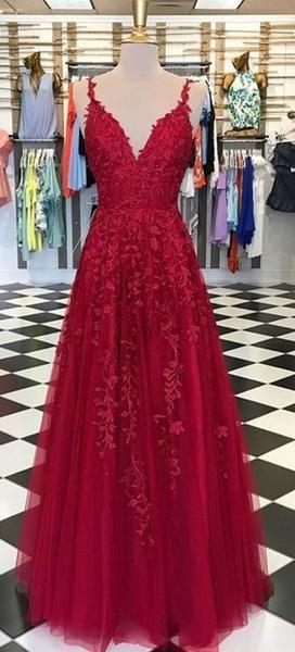 Red Appliques Lace Long A Line Tulle Prom Dresses