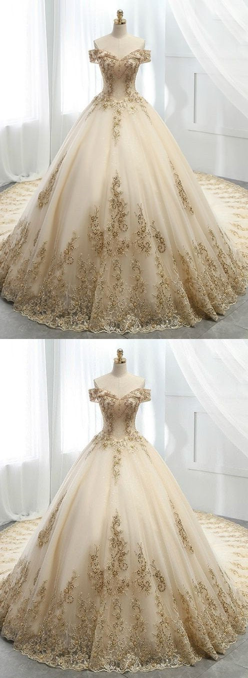 Champagne Ball Gown Tulle Gold Lace Appliques Wedding Dress