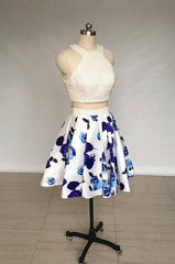 Two Piece Ivory Jewel Floral Print Satin Short Homecoming Dress With Pearls