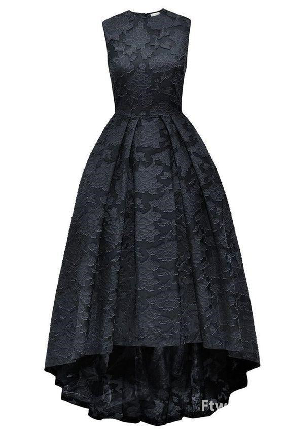 black lace round neck high low sleeveless a line long prom dress evening dresses