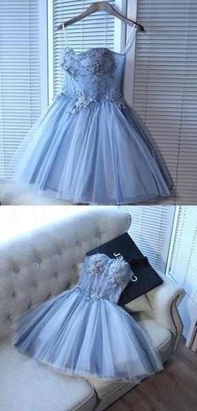 A Line Sweetheart Spaghetti Straps Tulle Homecoming Dresses With Appliques