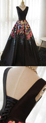Black Satin Floral Prints Sleeveless Lace Up Back Prom Dresses